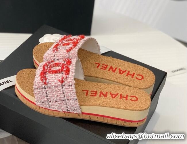 Trendy Design Grade Quality Chanel Tweed Wedge Slide Sandals Pink 070183