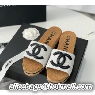 Duplicate Chanel Tweed Wedge Slide Sandals White 070184