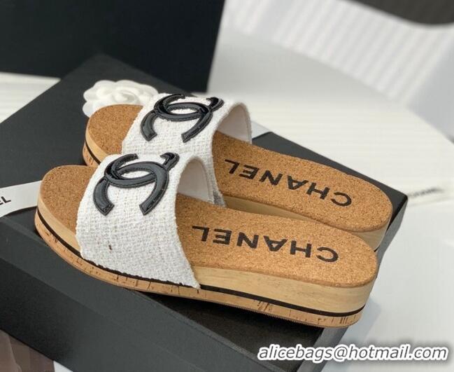 Duplicate Chanel Tweed Wedge Slide Sandals White 070184