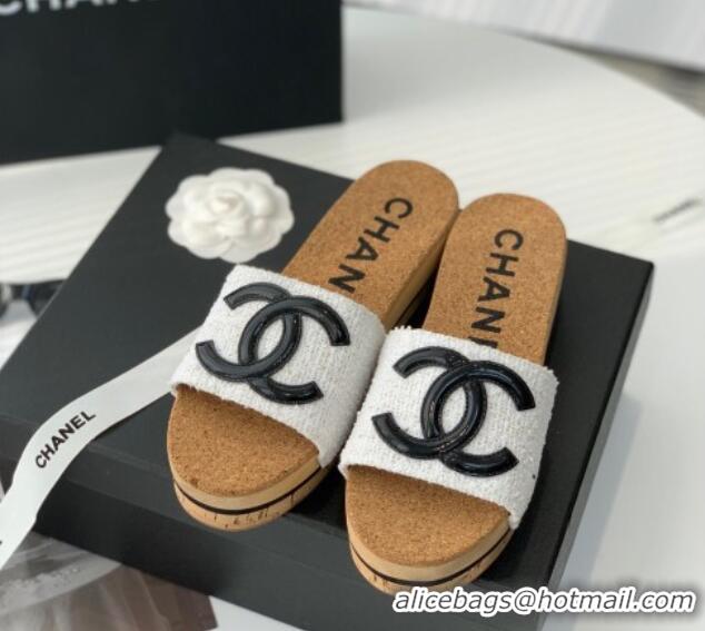 Duplicate Chanel Tweed Wedge Slide Sandals White 070184