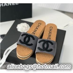 Stylish Chanel Suede Wedge Slide Sandals Gray 070185