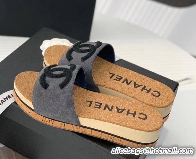 Stylish Chanel Suede Wedge Slide Sandals Gray 070185