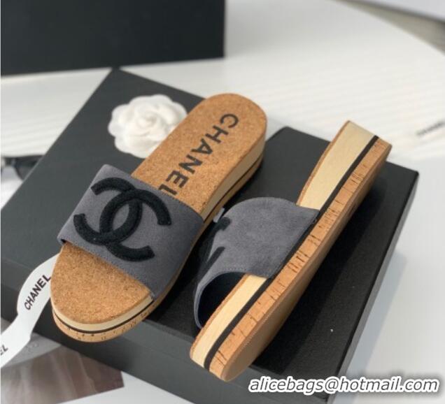 Stylish Chanel Suede Wedge Slide Sandals Gray 070185