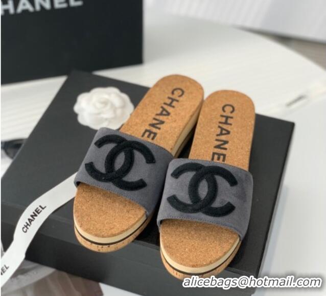 Stylish Chanel Suede Wedge Slide Sandals Gray 070185