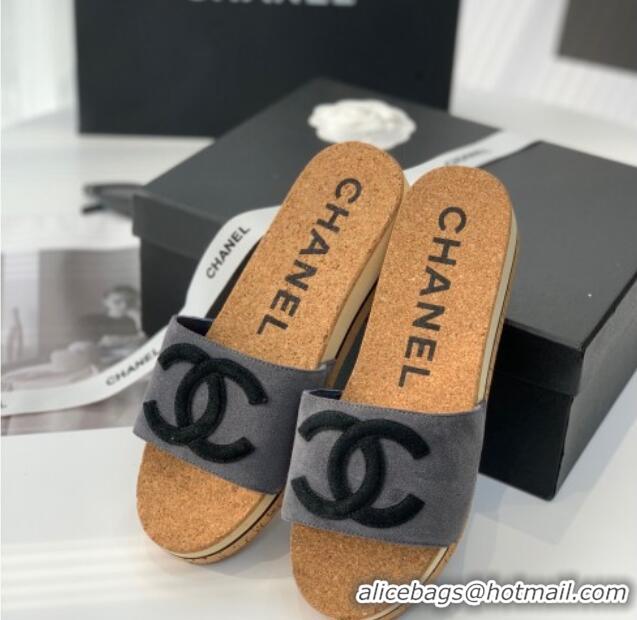 Stylish Chanel Suede Wedge Slide Sandals Gray 070185