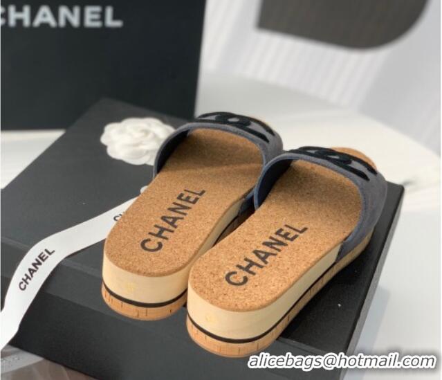 Stylish Chanel Suede Wedge Slide Sandals Gray 070185