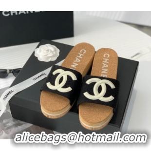 Sophisticated Chanel Tweed Wedge Slide Sandals Black 070186