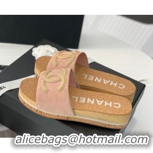 Top Grade Chanel Suede Wedge Slide Sandals Pink 070187