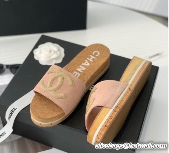 Top Grade Chanel Suede Wedge Slide Sandals Pink 070187