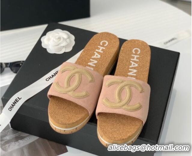 Top Grade Chanel Suede Wedge Slide Sandals Pink 070187