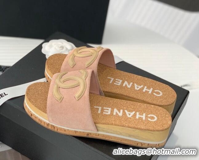 Top Grade Chanel Suede Wedge Slide Sandals Pink 070187