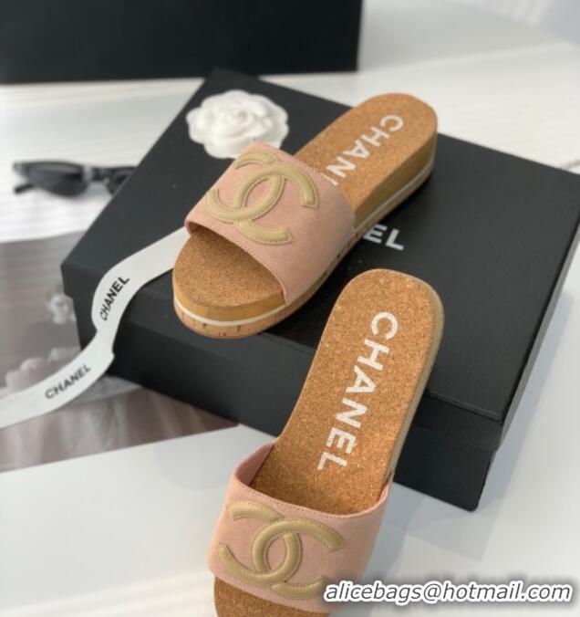 Top Grade Chanel Suede Wedge Slide Sandals Pink 070187