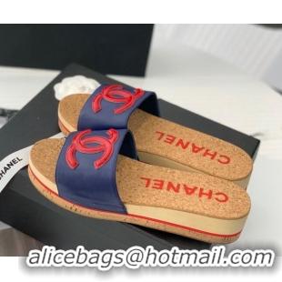 Luxury Chanel Leather Wedge Slide Sandals Blue 070188