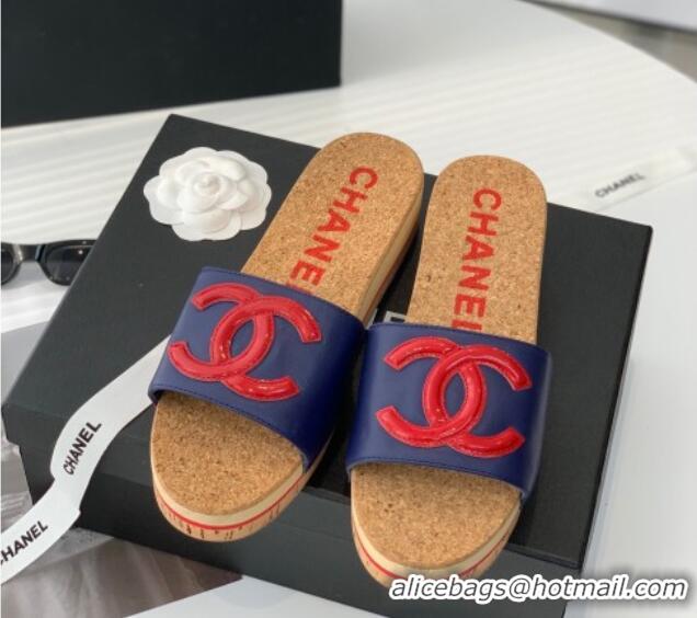 Luxury Chanel Leather Wedge Slide Sandals Blue 070188