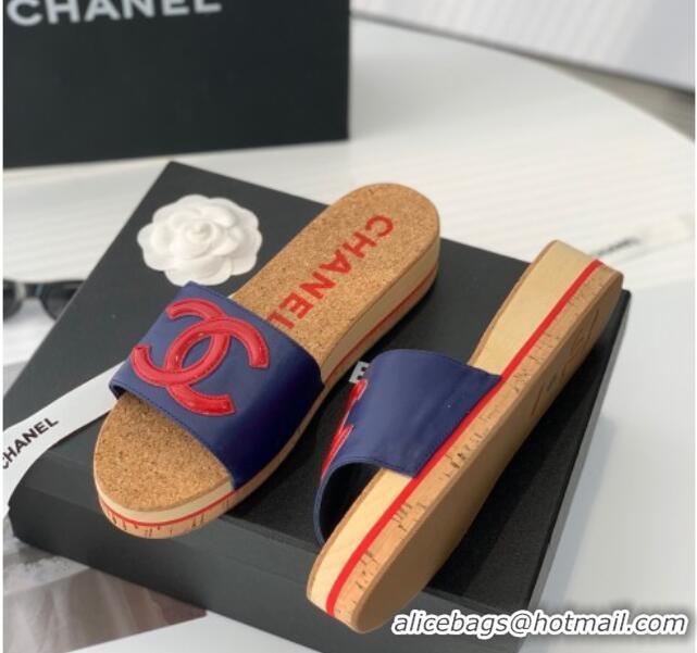 Luxury Chanel Leather Wedge Slide Sandals Blue 070188