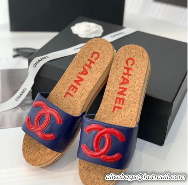 Luxury Chanel Leather Wedge Slide Sandals Blue 070188