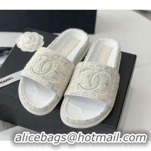 Good Quality Chanel CC Tweed Flat Slide Sandals White 070189