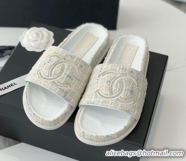 Good Quality Chanel CC Tweed Flat Slide Sandals White 070189