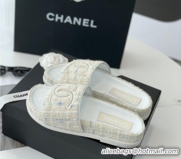 Good Quality Chanel CC Tweed Flat Slide Sandals White 070189