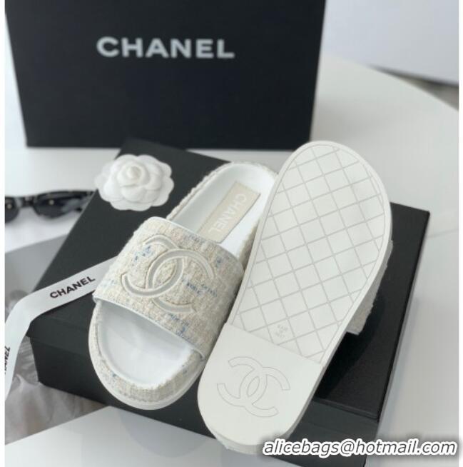 Good Quality Chanel CC Tweed Flat Slide Sandals White 070189