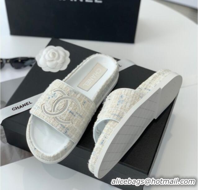 Good Quality Chanel CC Tweed Flat Slide Sandals White 070189