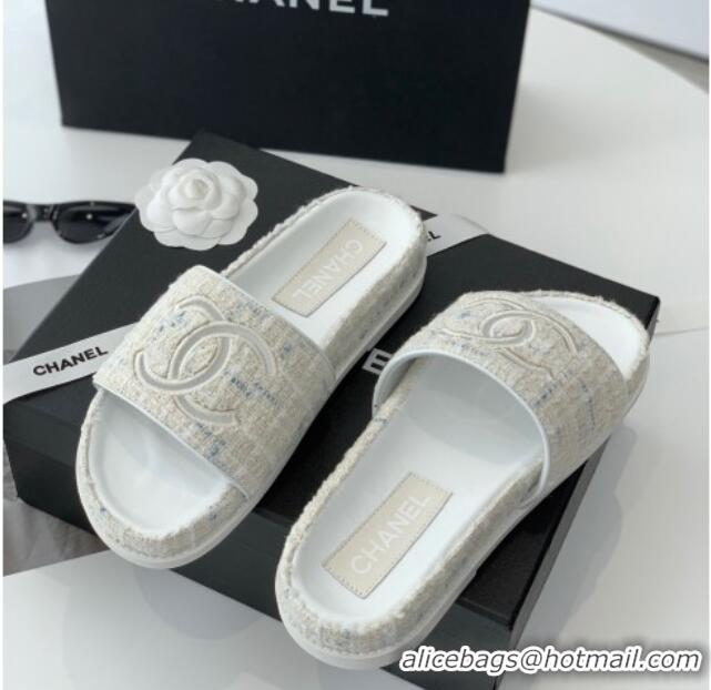 Good Quality Chanel CC Tweed Flat Slide Sandals White 070189