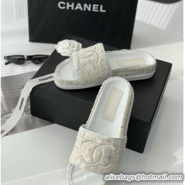 Good Quality Chanel CC Tweed Flat Slide Sandals White 070189