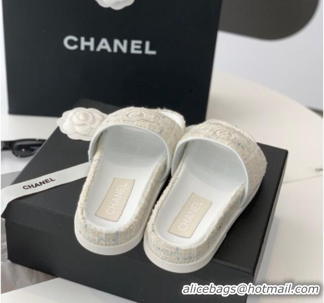 Good Quality Chanel CC Tweed Flat Slide Sandals White 070189