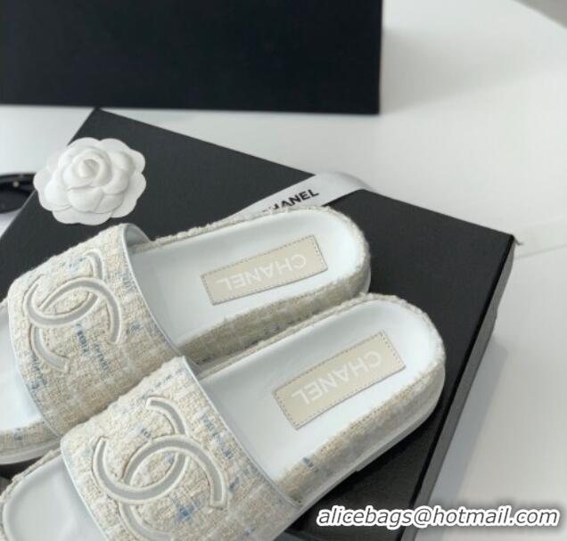 Good Quality Chanel CC Tweed Flat Slide Sandals White 070189