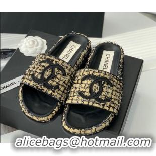 Best Price Chanel CC Tweed Flat Slide Sandals Yellow/Black 070190