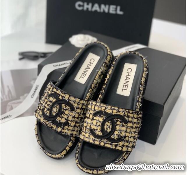 Best Price Chanel CC Tweed Flat Slide Sandals Yellow/Black 070190