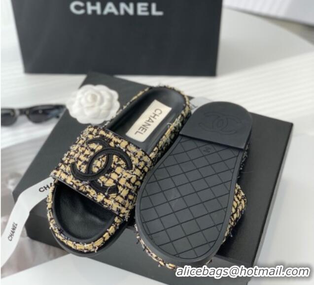 Best Price Chanel CC Tweed Flat Slide Sandals Yellow/Black 070190