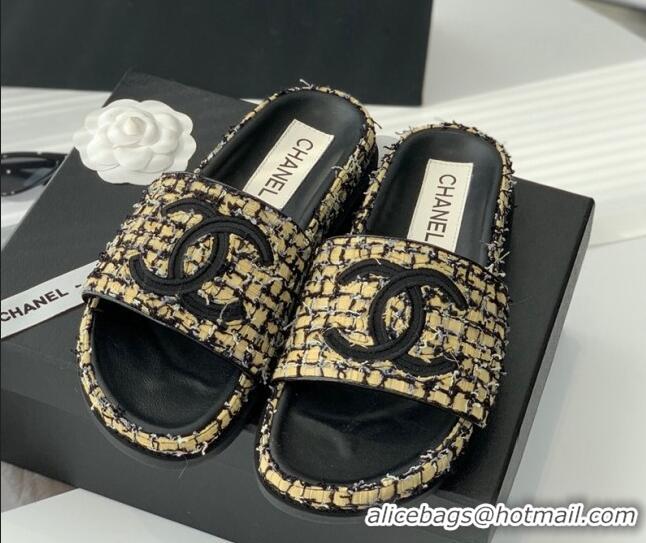 Best Price Chanel CC Tweed Flat Slide Sandals Yellow/Black 070190