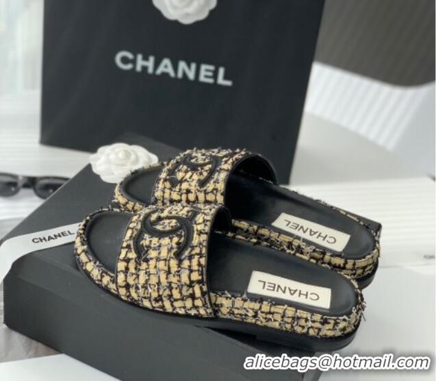 Best Price Chanel CC Tweed Flat Slide Sandals Yellow/Black 070190