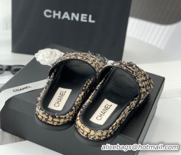 Best Price Chanel CC Tweed Flat Slide Sandals Yellow/Black 070190