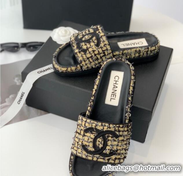 Best Price Chanel CC Tweed Flat Slide Sandals Yellow/Black 070190