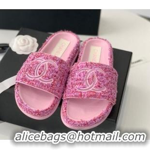 Most Popular Chanel CC Tweed Flat Slide Sandals Pink 070191