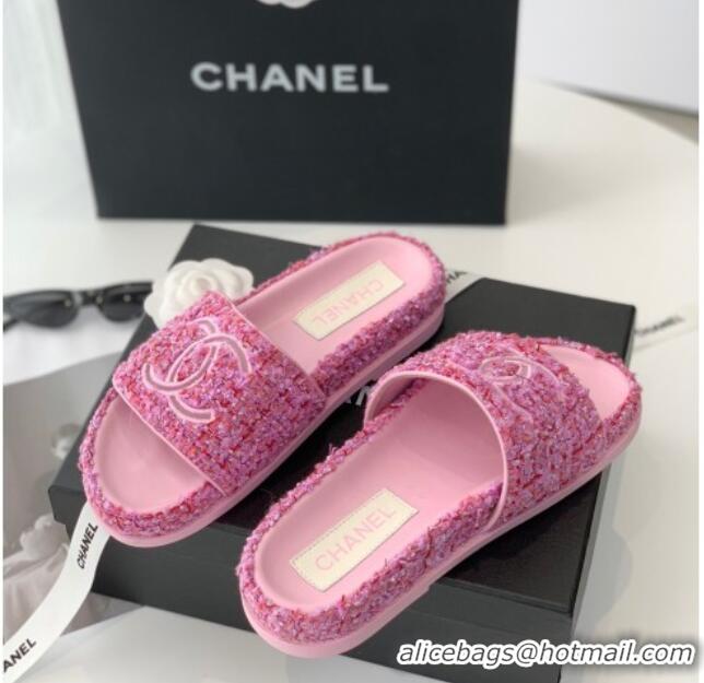 Most Popular Chanel CC Tweed Flat Slide Sandals Pink 070191