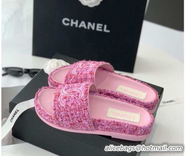 Most Popular Chanel CC Tweed Flat Slide Sandals Pink 070191