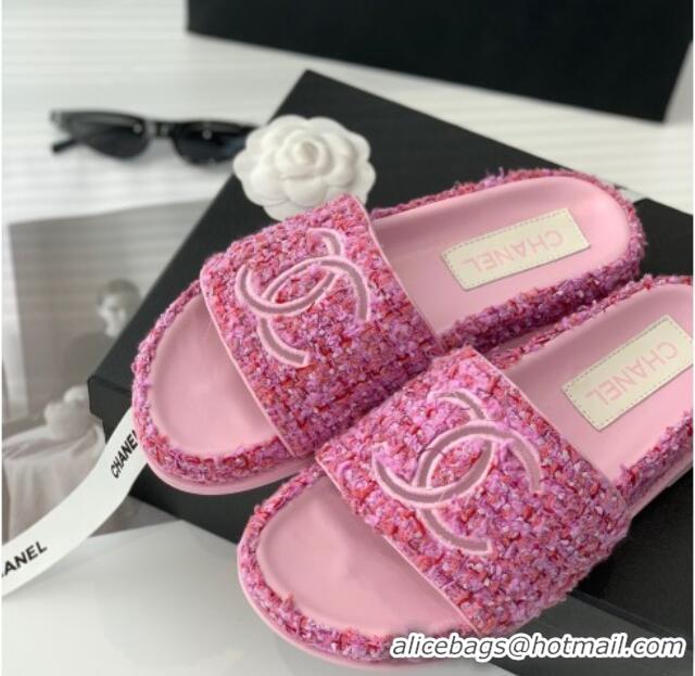 Most Popular Chanel CC Tweed Flat Slide Sandals Pink 070191