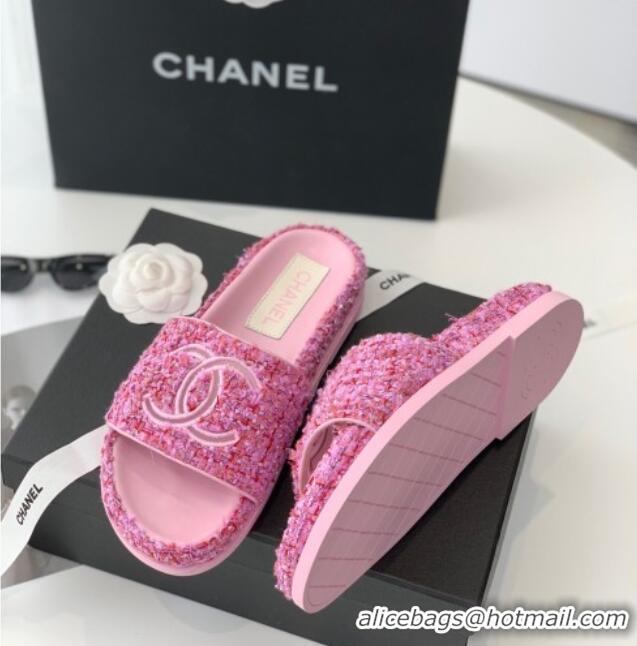 Most Popular Chanel CC Tweed Flat Slide Sandals Pink 070191