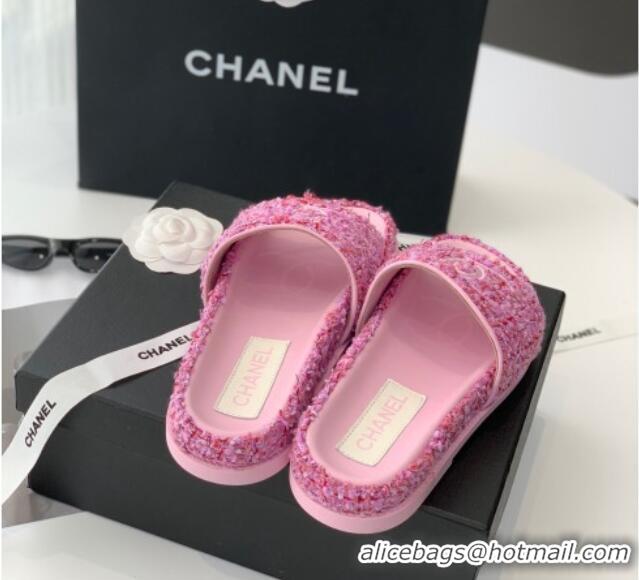 Most Popular Chanel CC Tweed Flat Slide Sandals Pink 070191