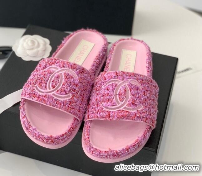 Most Popular Chanel CC Tweed Flat Slide Sandals Pink 070191