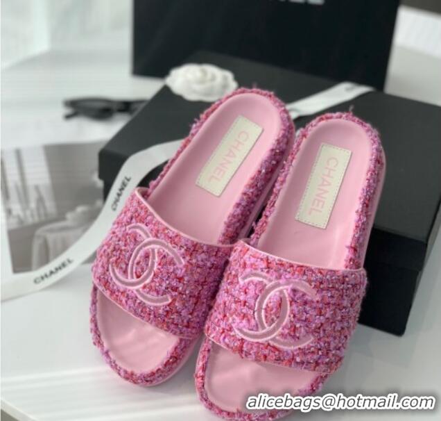 Most Popular Chanel CC Tweed Flat Slide Sandals Pink 070191