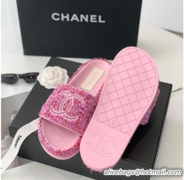 Most Popular Chanel CC Tweed Flat Slide Sandals Pink 070191