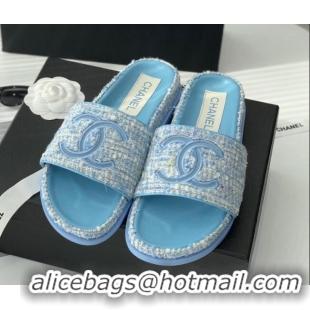 Sumptuous Chanel CC Tweed Flat Slide Sandals Blue 070192