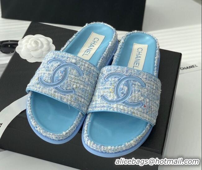 Sumptuous Chanel CC Tweed Flat Slide Sandals Blue 070192