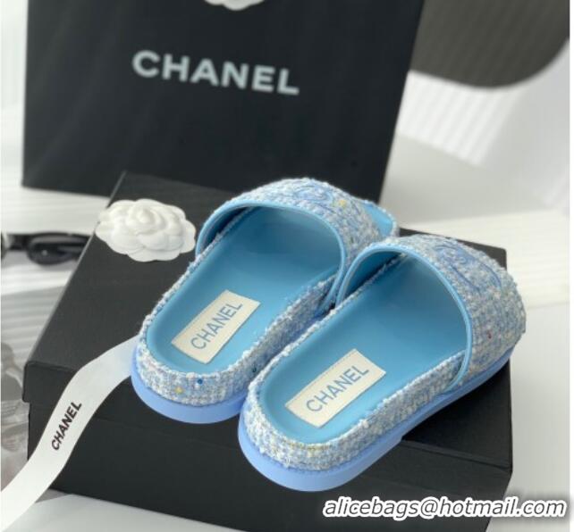 Sumptuous Chanel CC Tweed Flat Slide Sandals Blue 070192