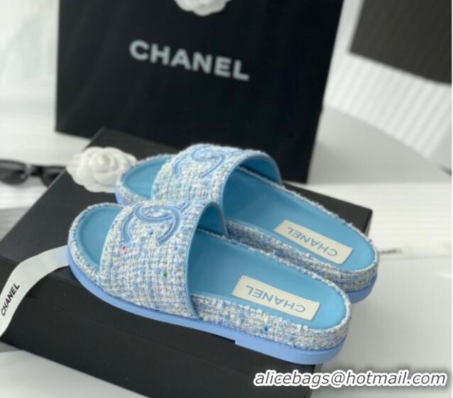 Sumptuous Chanel CC Tweed Flat Slide Sandals Blue 070192