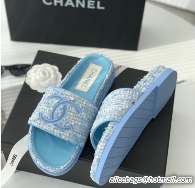 Sumptuous Chanel CC Tweed Flat Slide Sandals Blue 070192